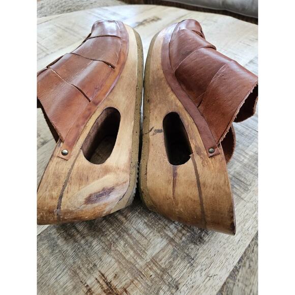 QualiCraft Brown Leather Clogs 5B Made in Brazil Vintage 1970s Wooden Soles - Picture 7 of 9